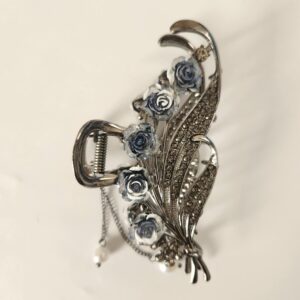 HC009 Blue/Gray Roses with Art Deco Leaves Hair Claw Accessory