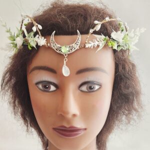 FC011 Fantasy Crescent Moon  Crown with White Flowers
